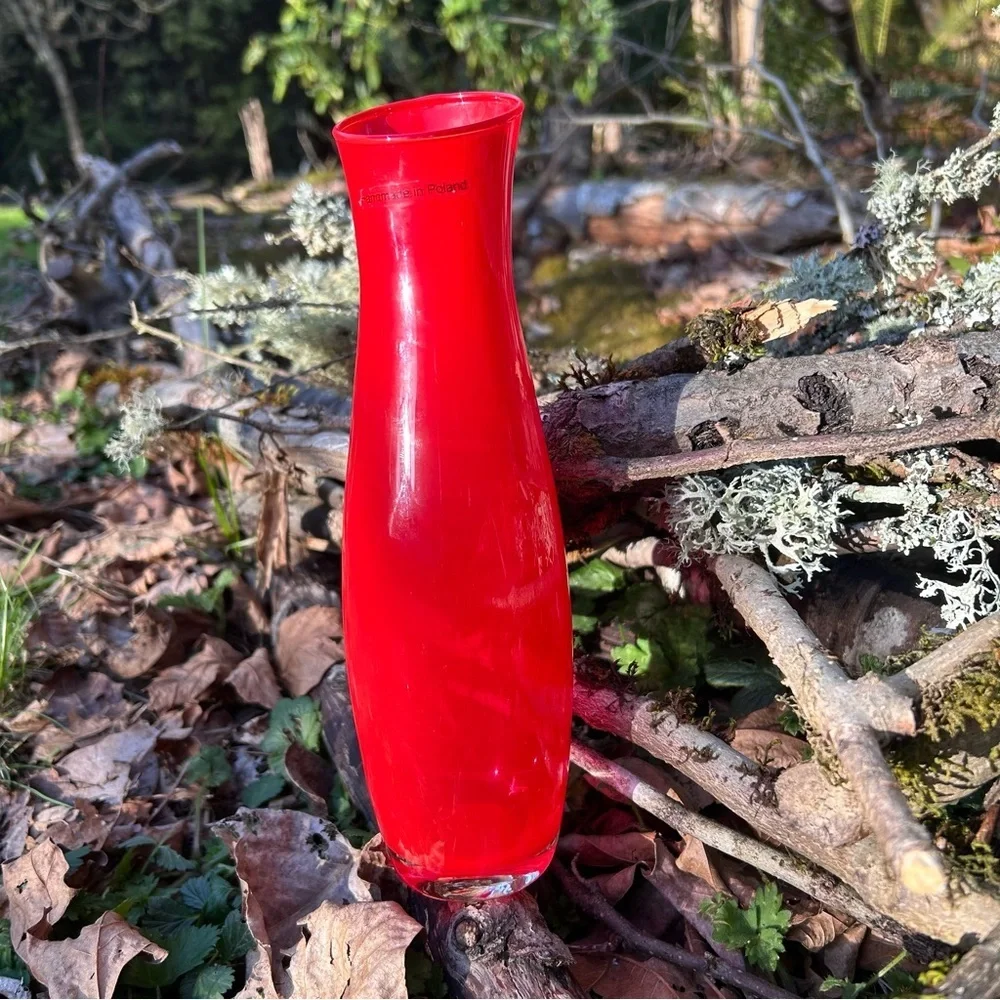 Slender Red Glass Vase Made in Poland 10" inch Tall Translucent Glass Drop Rim - Picture 4 of 8